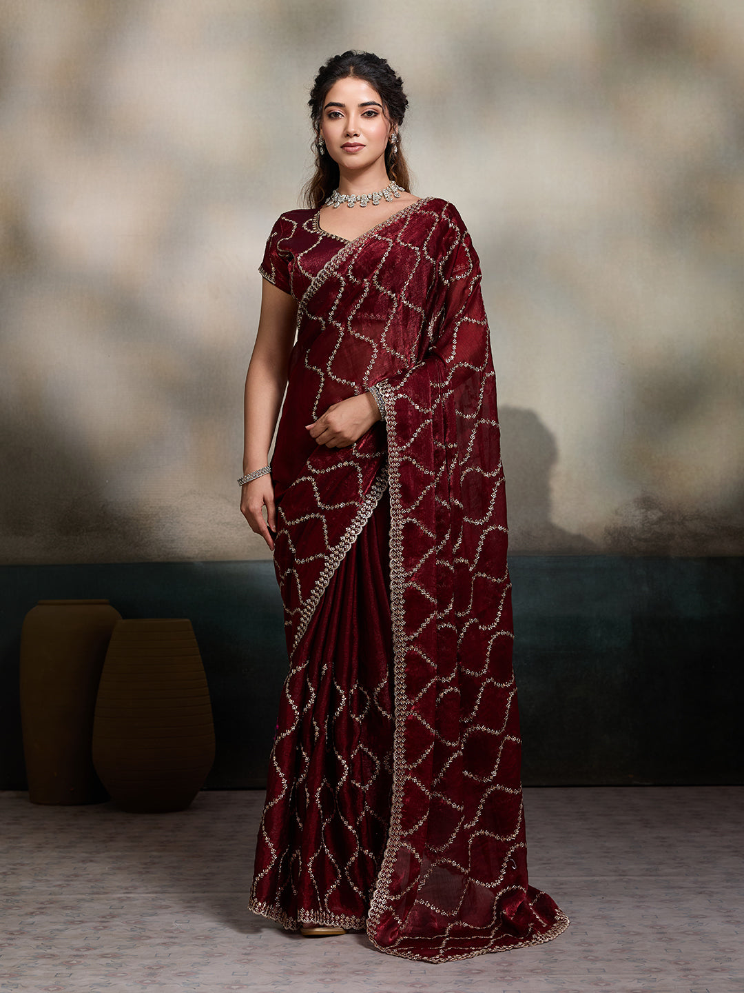 Dwija Fashion Maroon Party Wear Embroidered Jimmy Choo Fandy Saree With Unstitched Blouse - Dista