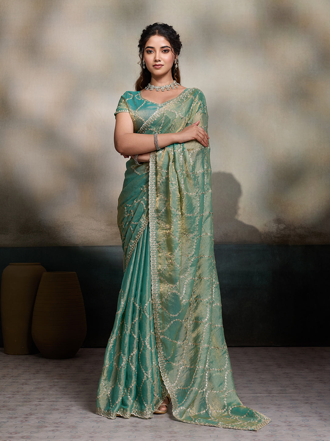 Dwija Fashion Turquoise Blue Party Wear Embroidered Jimmy Choo Fandy Saree With Unstitched Blouse - Dista