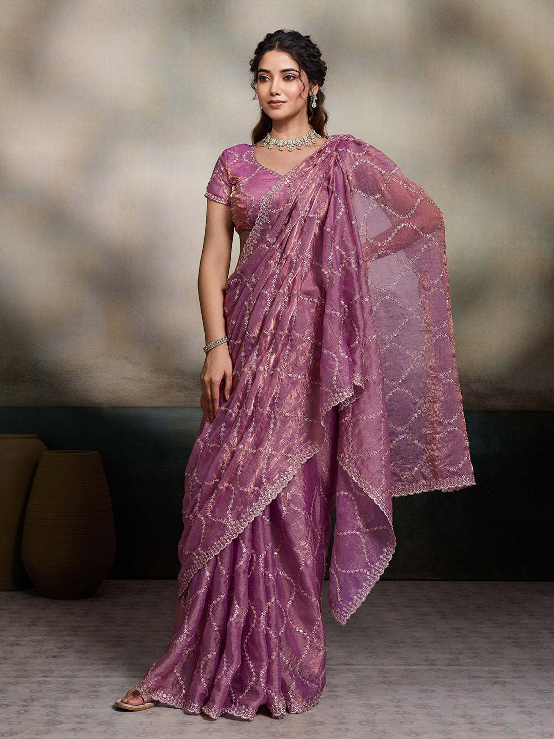 Dwija Fashion Purple Party Wear Embroidered Jimmy Choo Fandy Saree With Unstitched Blouse - Dista