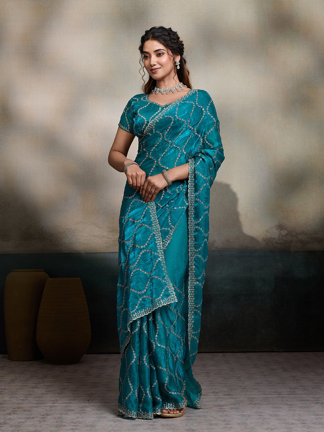 Dwija Fashion Teal Blue Party Wear Embroidered Jimmy Choo Fandy Saree With Unstitched Blouse - Dista