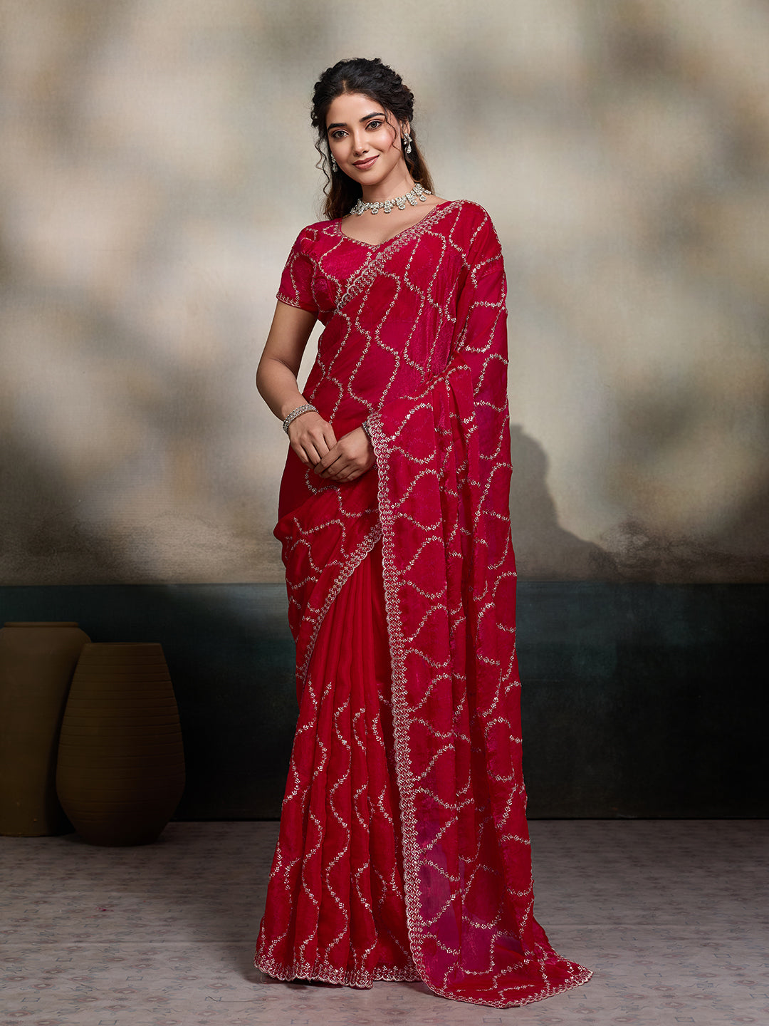 Dwija Fashion Red Party Wear Embroidered Jimmy Choo Fandy Saree With Unstitched Blouse - Dista