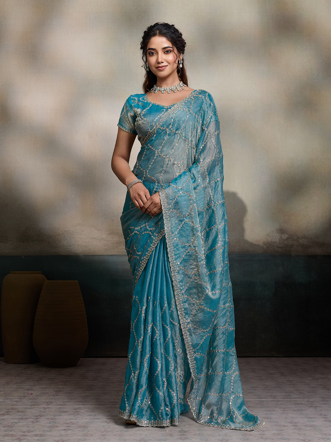 Dwija Fashion Sky Blue Party Wear Embroidered Jimmy Choo Fandy Saree With Unstitched Blouse - Dista