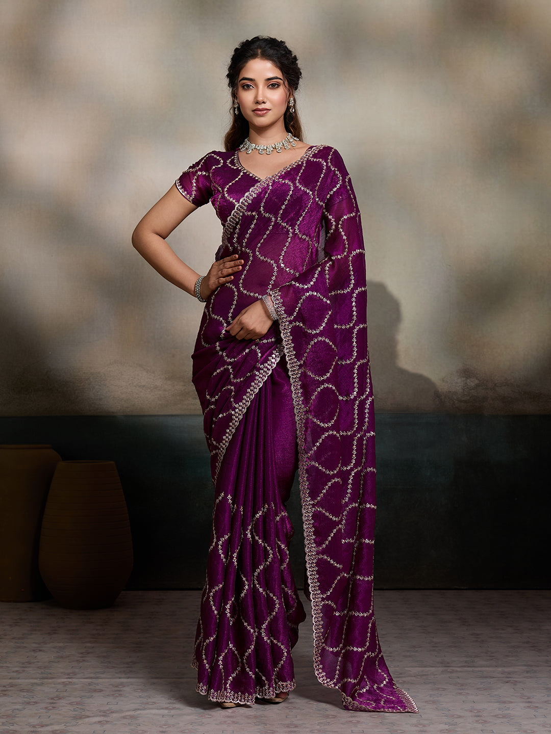 Dwija Fashion Wine Party Wear Embroidered Jimmy Choo Fandy Saree With Unstitched Blouse - Dista