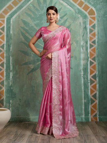 Dwija Fashion Pink Party Wear Embroidered Jimmy Choo Organza Saree With Unstitched Blouse - Dista