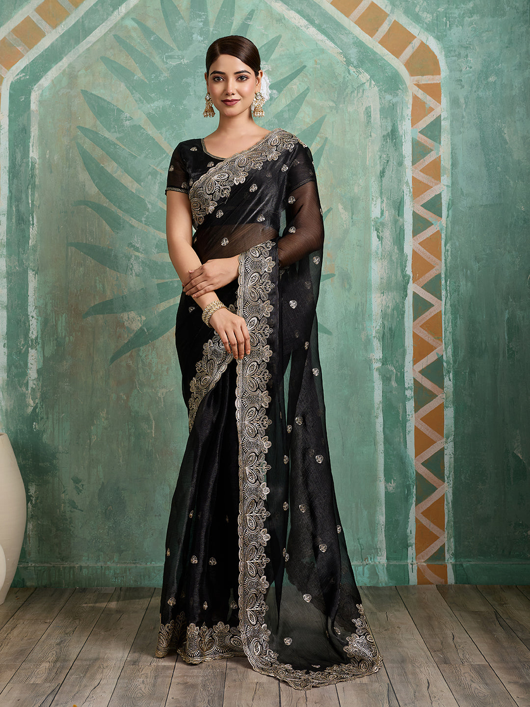 Dwija Fashion Black Party Wear Embroidered Jimmy Choo Organza Saree With Unstitched Blouse - Dista