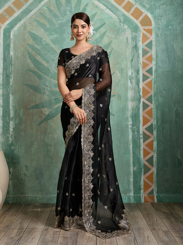 Dwija Fashion Black Party Wear Embroidered Jimmy Choo Organza Saree With Unstitched Blouse - Dista