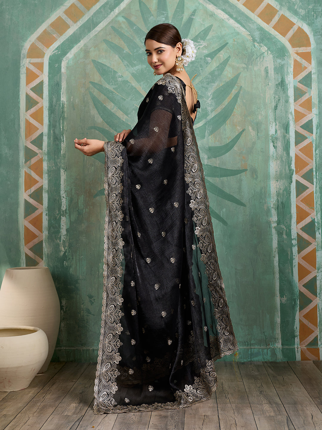 Dwija Fashion Black Party Wear Embroidered Jimmy Choo Organza Saree With Unstitched Blouse - Dista