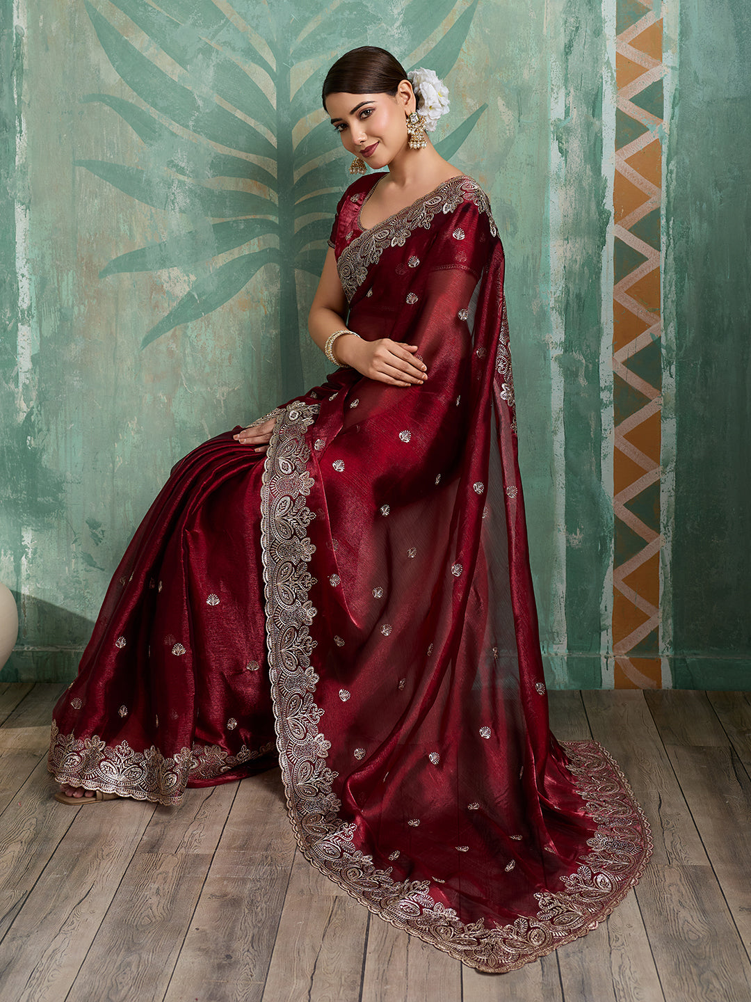 Dwija Fashion Maroon Party Wear Embroidered Jimmy Choo Organza Saree With Unstitched Blouse - Dista