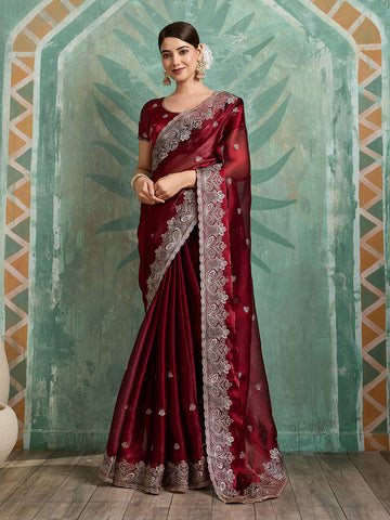 Dwija Fashion Maroon Party Wear Embroidered Jimmy Choo Organza Saree With Unstitched Blouse - Dista
