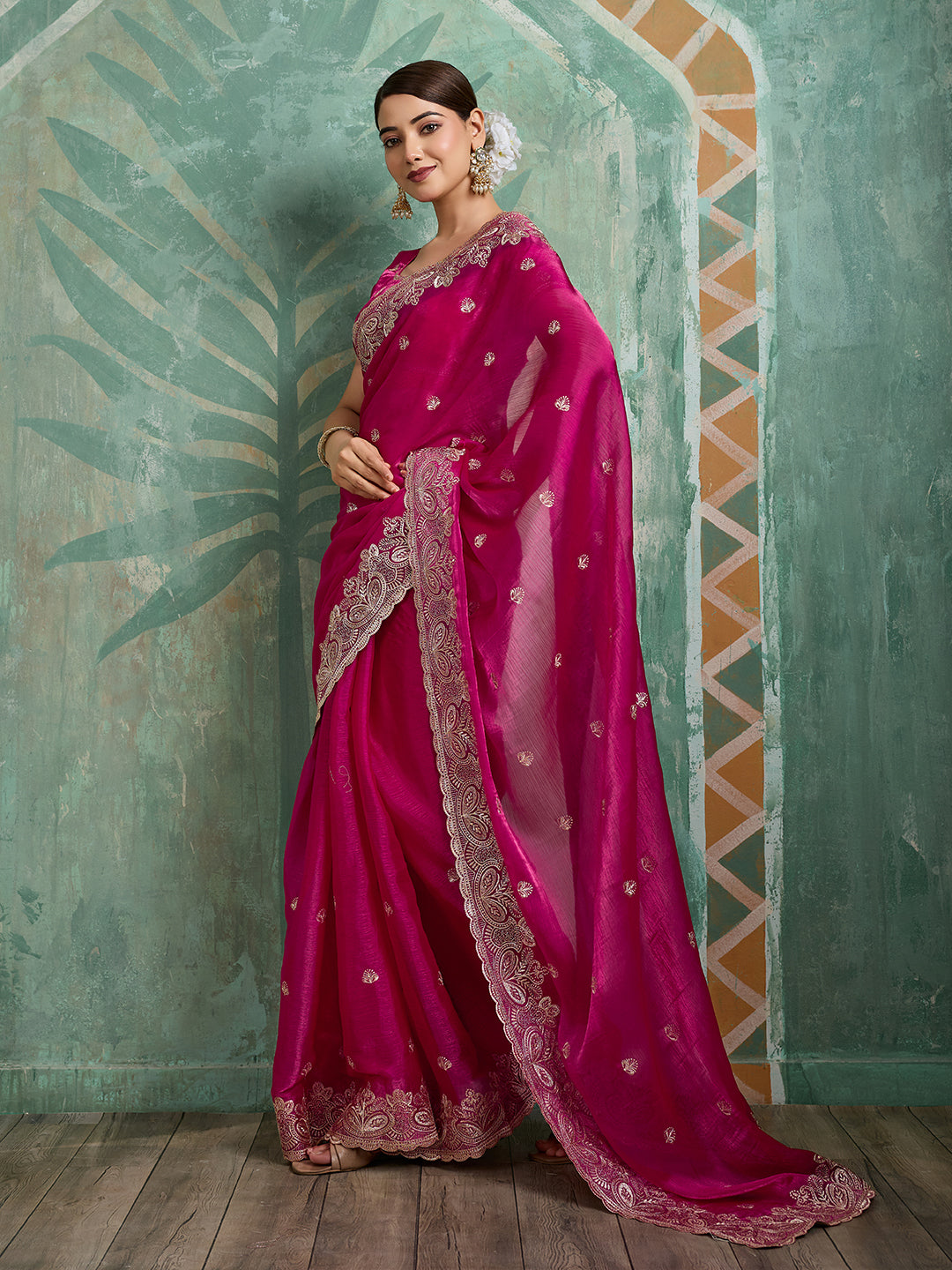 Dwija Fashion Pink Party Wear Embroidered Jimmy Choo Organza Saree With Unstitched Blouse - Dista