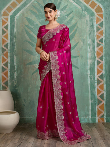 Dwija Fashion Pink Party Wear Embroidered Jimmy Choo Organza Saree With Unstitched Blouse - Dista
