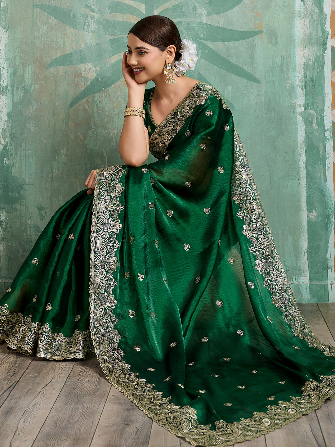 Dwija Fashion Green Party Wear Embroidered Jimmy Choo Organza Saree With Unstitched Blouse - Dista