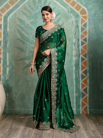 Dwija Fashion Green Party Wear Embroidered Jimmy Choo Organza Saree With Unstitched Blouse - Dista