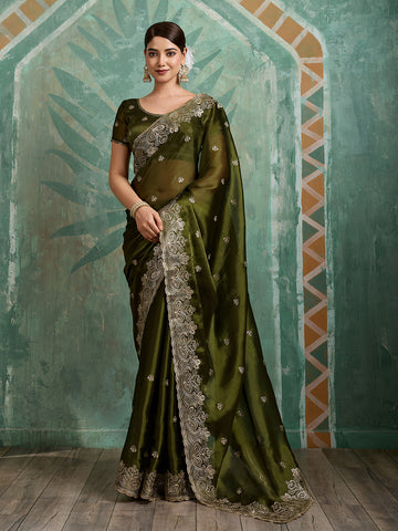 Dwija Fashion Green Party Wear Embroidered Jimmy Choo Organza Saree With Unstitched Blouse - Dista