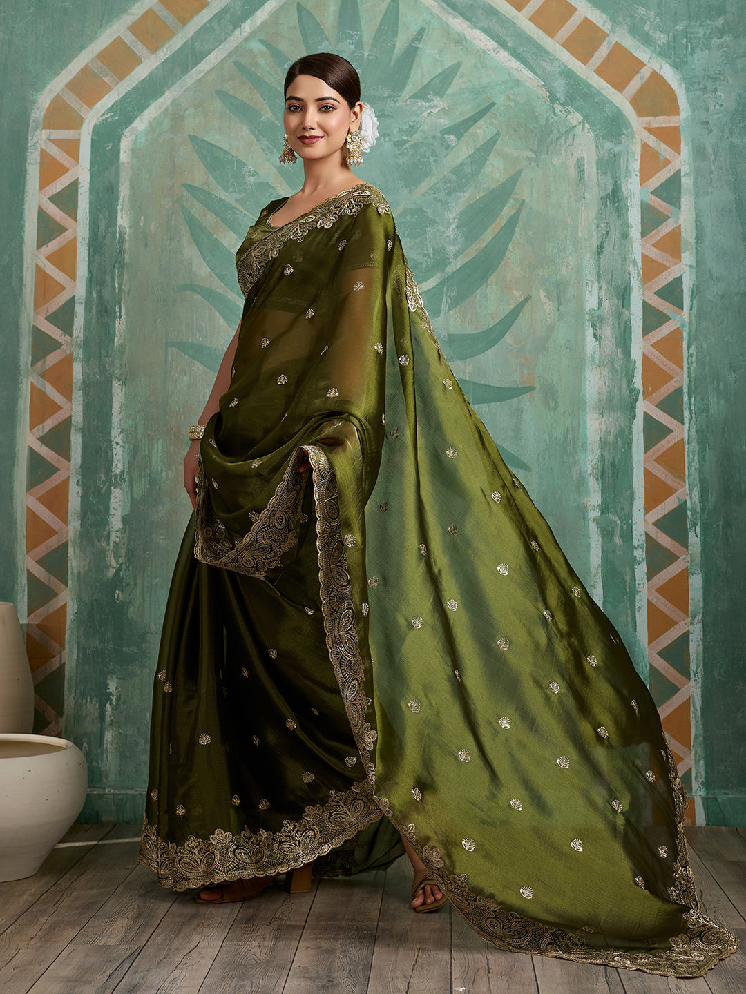 Dwija Fashion Green Party Wear Embroidered Jimmy Choo Organza Saree With Unstitched Blouse - Dista