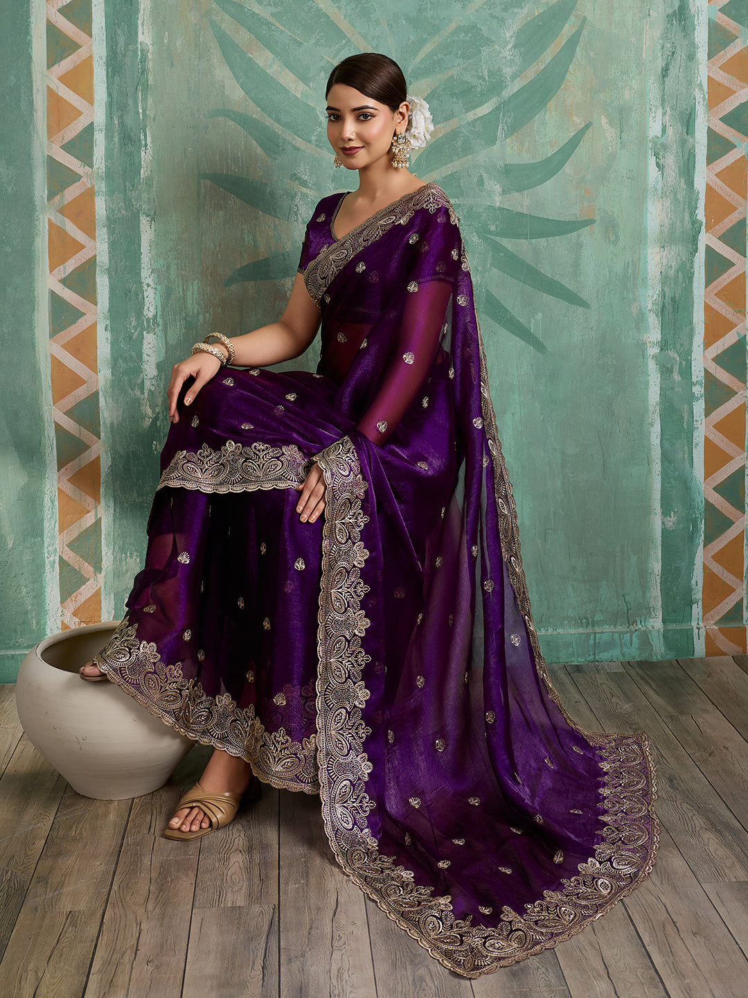 Dwija Fashion Purple Party Wear Embroidered Jimmy Choo Organza Saree With Unstitched Blouse - Dista