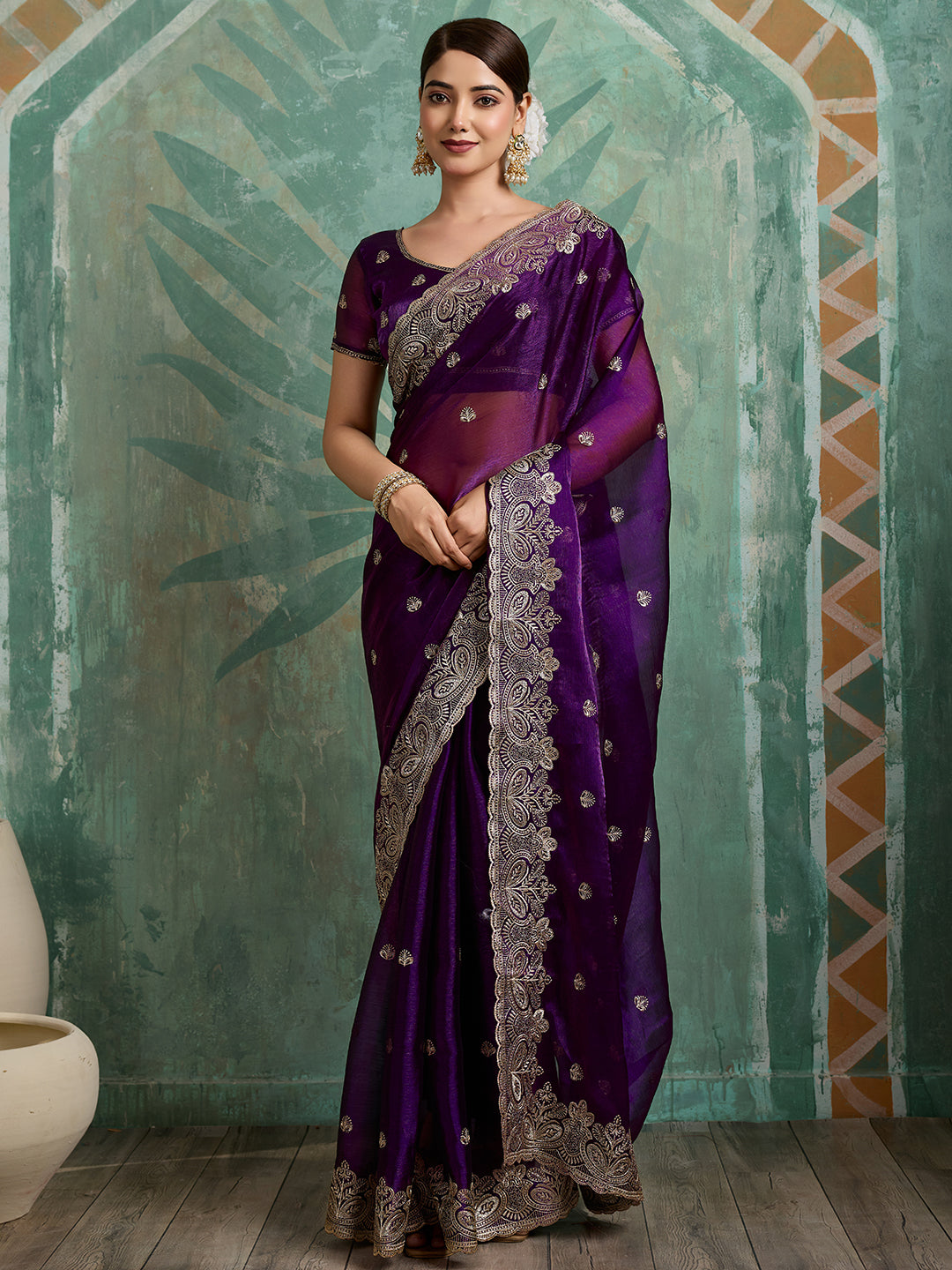 Dwija Fashion Purple Party Wear Embroidered Jimmy Choo Organza Saree With Unstitched Blouse - Dista