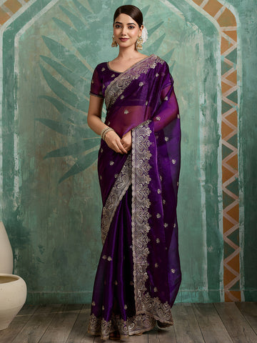 Dwija Fashion Purple Party Wear Embroidered Jimmy Choo Organza Saree With Unstitched Blouse - Dista