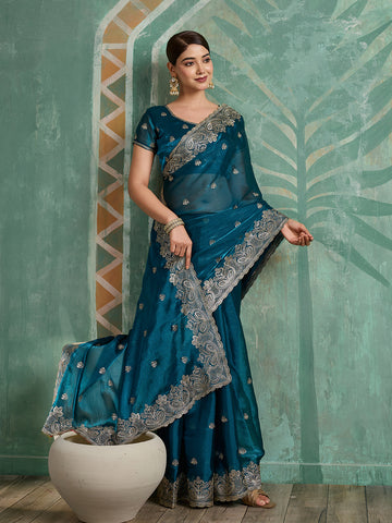Dwija Fashion Teal Blue Party Wear Embroidered Jimmy Choo Organza Saree With Unstitched Blouse - Dista