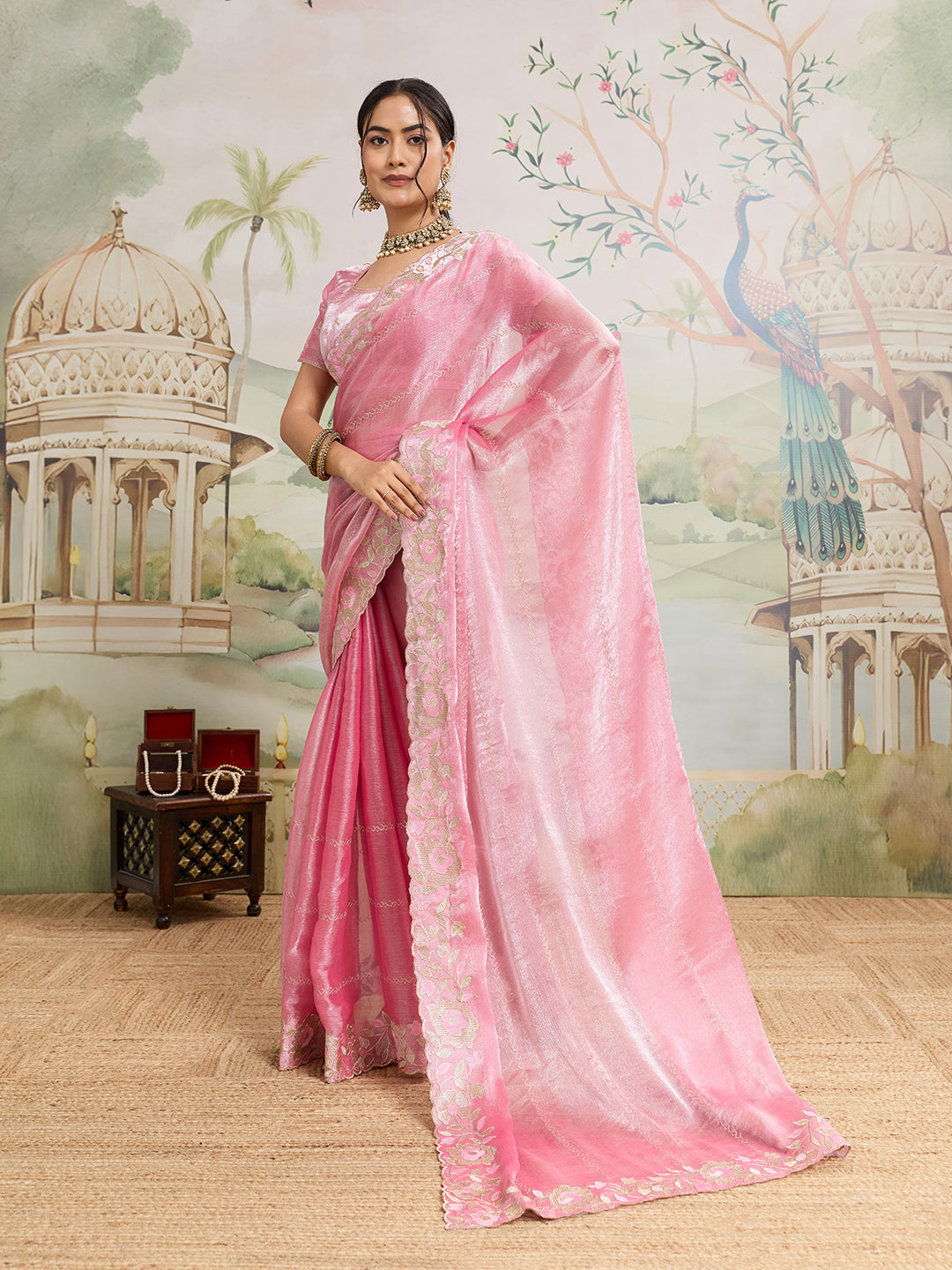 Dwija Fashion Baby Pink Party Wear Embroidered Jimmy Choo Organza Saree With Unstitched Blouse - Dista