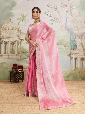 Dwija Fashion Baby Pink Party Wear Embroidered Jimmy Choo Organza Saree With Unstitched Blouse - Dista