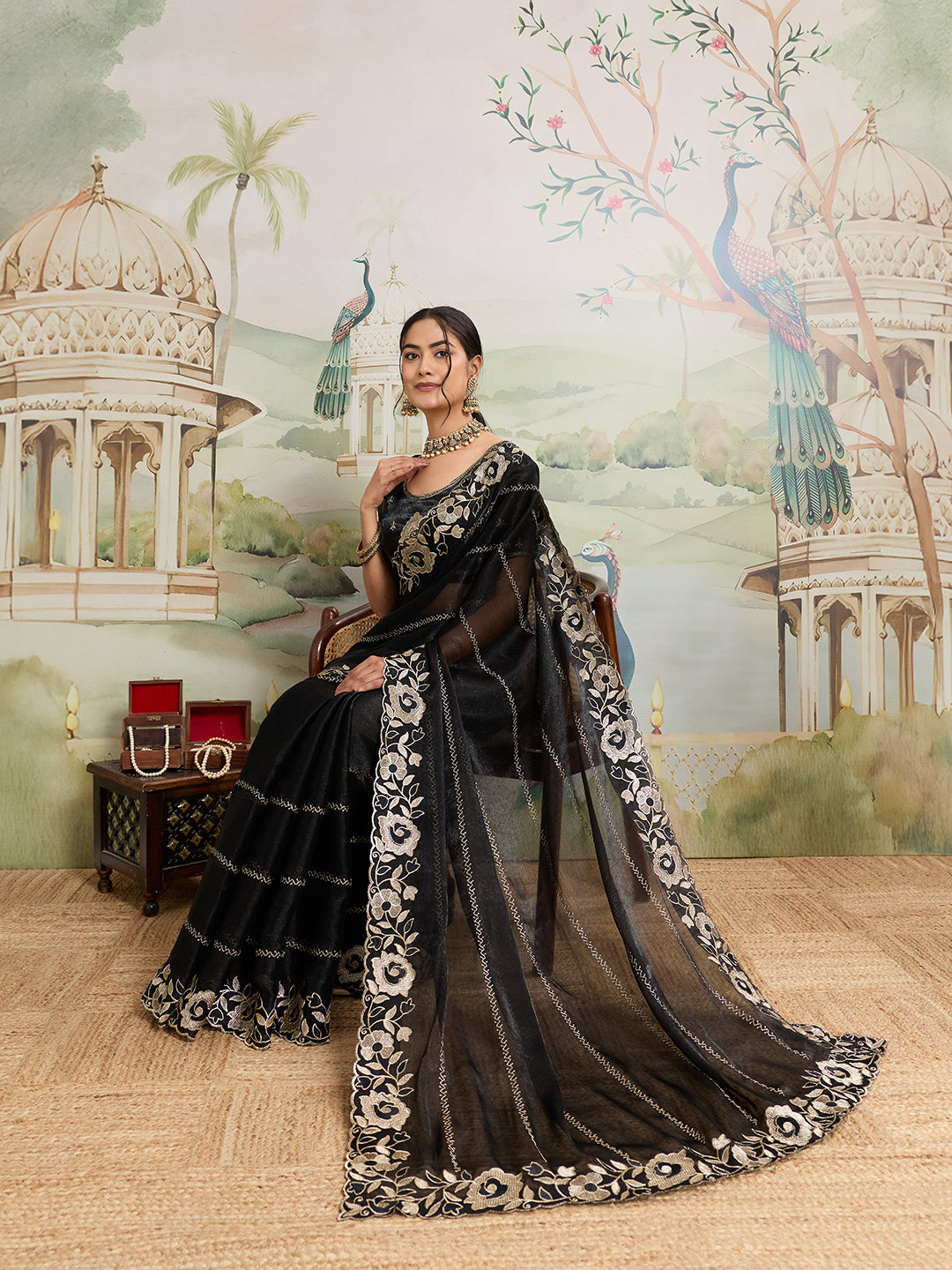 Dwija Fashion Black Party Wear Embroidered Jimmy Choo Organza Saree With Unstitched Blouse - Dista