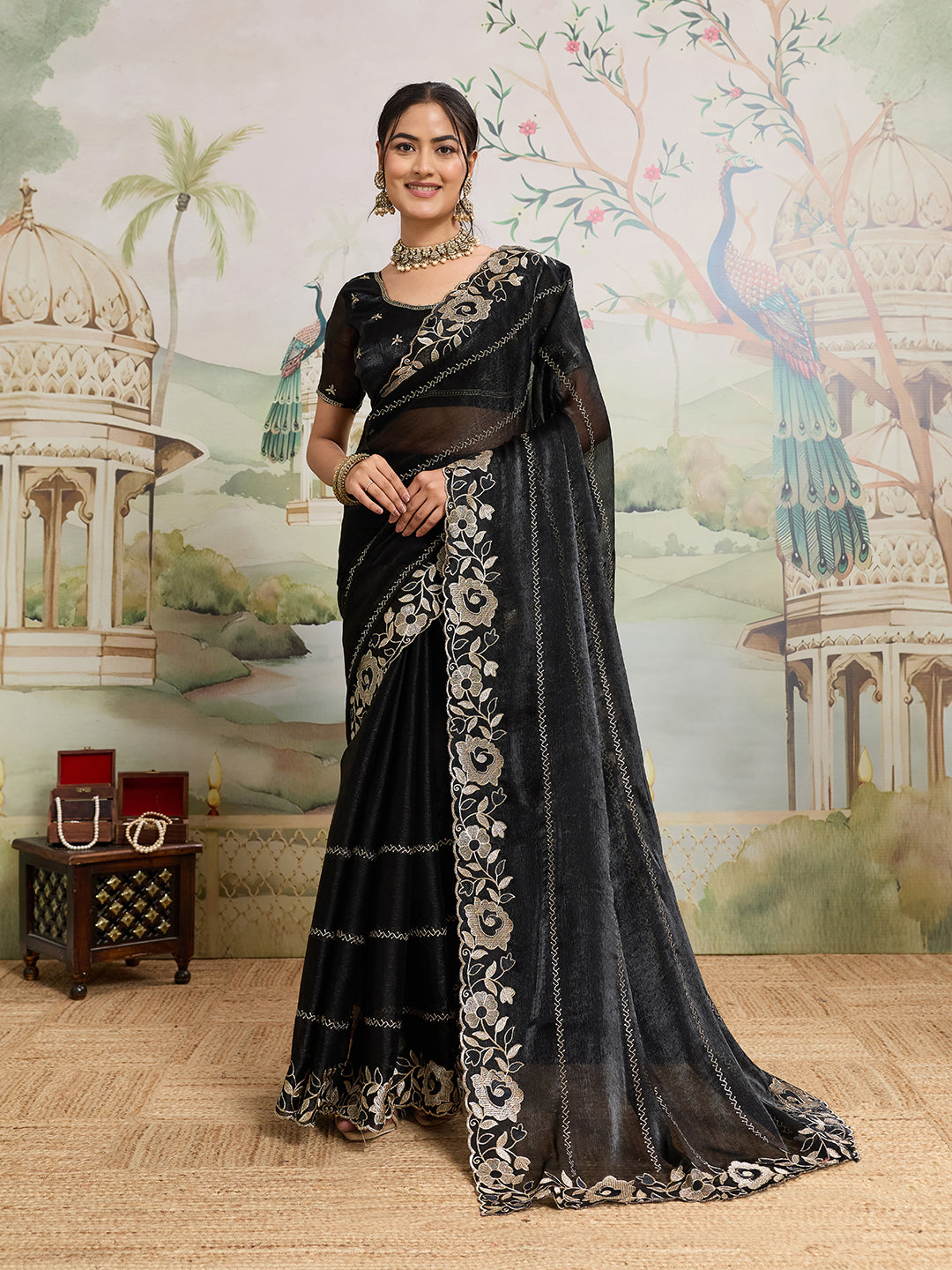 Dwija Fashion Black Party Wear Embroidered Jimmy Choo Organza Saree With Unstitched Blouse - Dista