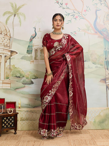 Dwija Fashion Maroon Party Wear Embroidered Jimmy Choo Organza Saree With Unstitched Blouse - Dista