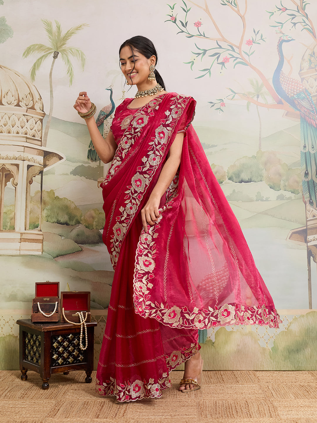 Dwija Fashion Pink Party Wear Embroidered Jimmy Choo Organza Saree With Unstitched Blouse - Dista