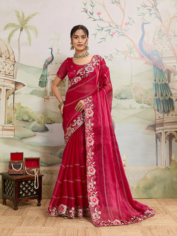 Dwija Fashion Pink Party Wear Embroidered Jimmy Choo Organza Saree With Unstitched Blouse - Dista