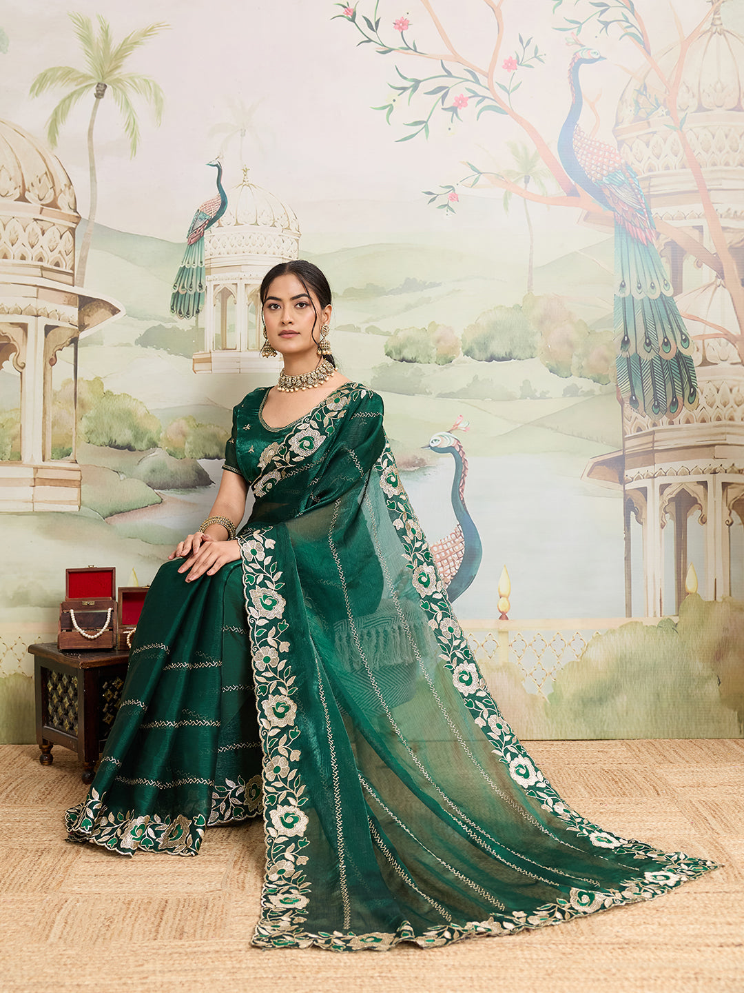 Dwija Fashion Green Party Wear Embroidered Jimmy Choo Organza Saree With Unstitched Blouse - Dista