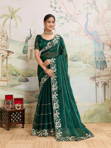 Dwija Fashion Green Party Wear Embroidered Jimmy Choo Organza Saree With Unstitched Blouse - Dista