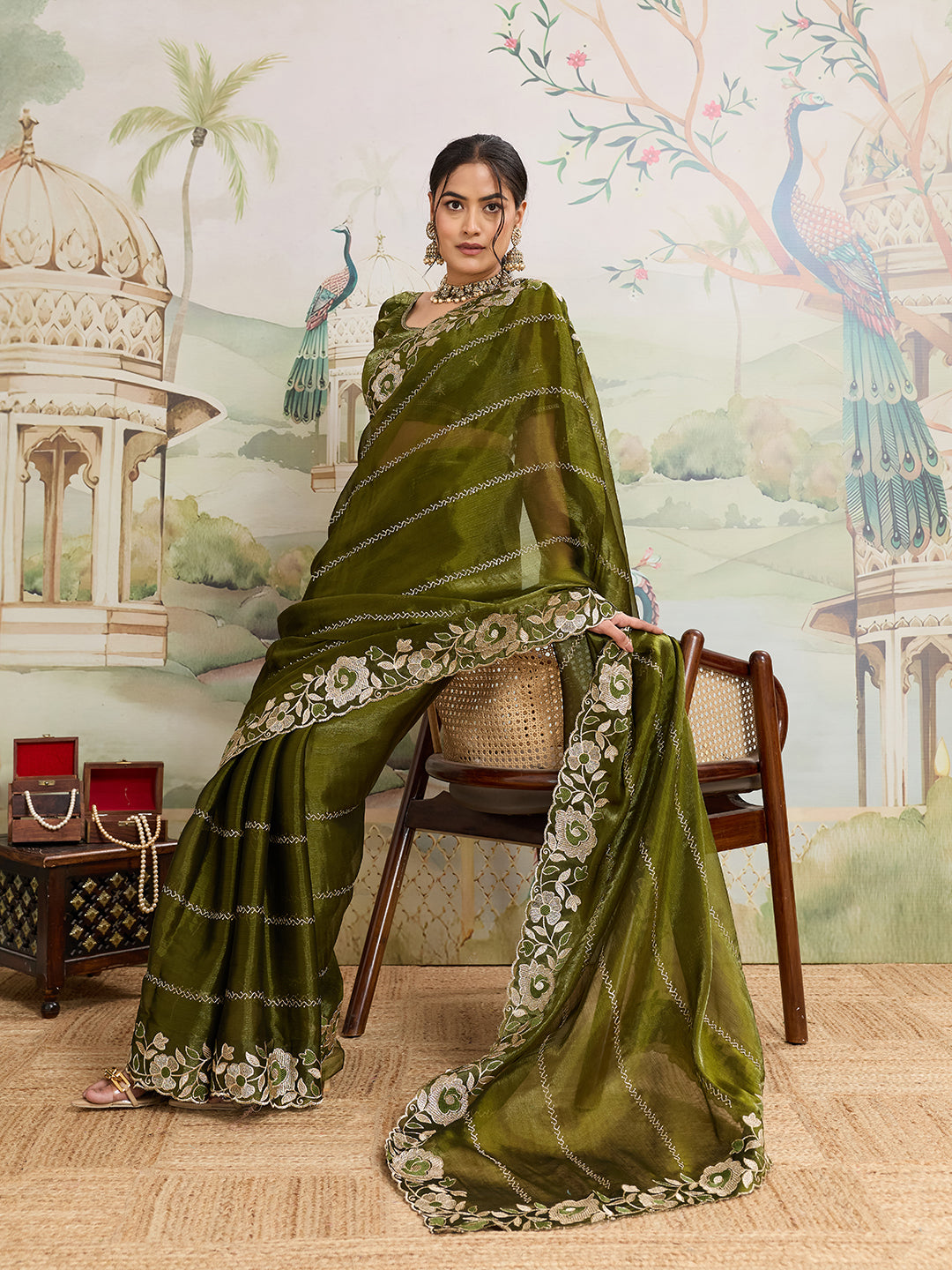 Dwija Fashion Green Party Wear Embroidered Jimmy Choo Organza Saree With Unstitched Blouse - Dista