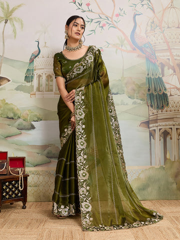 Dwija Fashion Green Party Wear Embroidered Jimmy Choo Organza Saree With Unstitched Blouse - Dista