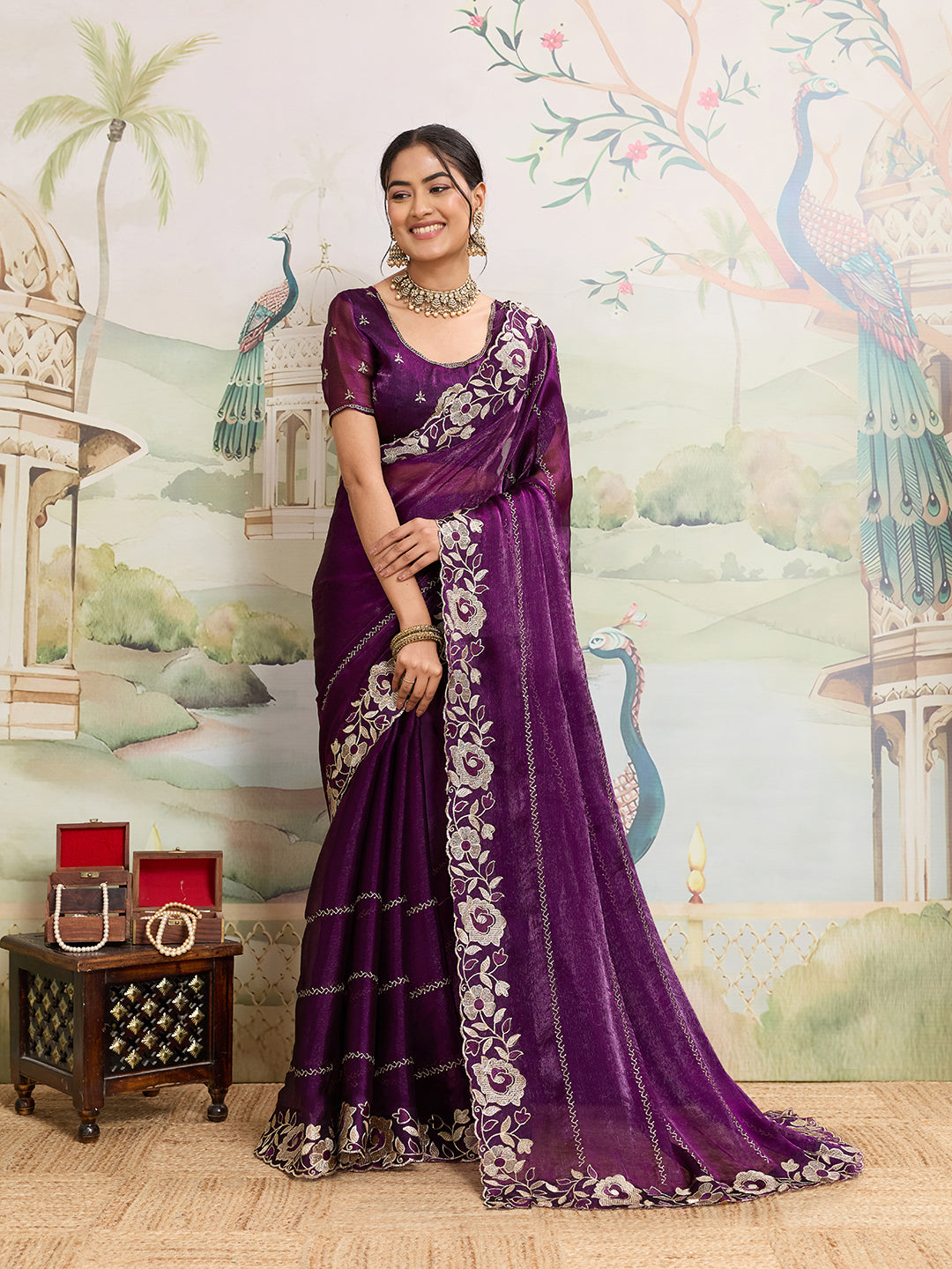Dwija Fashion Purple Party Wear Embroidered Jimmy Choo Organza Saree With Unstitched Blouse - Dista