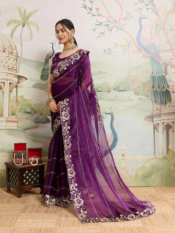 Dwija Fashion Purple Party Wear Embroidered Jimmy Choo Organza Saree With Unstitched Blouse - Dista
