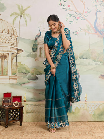 Dwija Fashion Rama Party Wear Embroidered Jimmy Choo Organza Saree With Unstitched Blouse - Dista