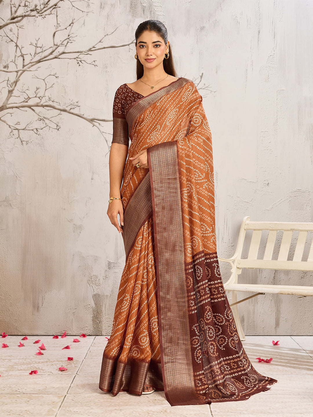 Dwija Fashion Orange Print Chiffon Bandani Festive Saree With Blouse