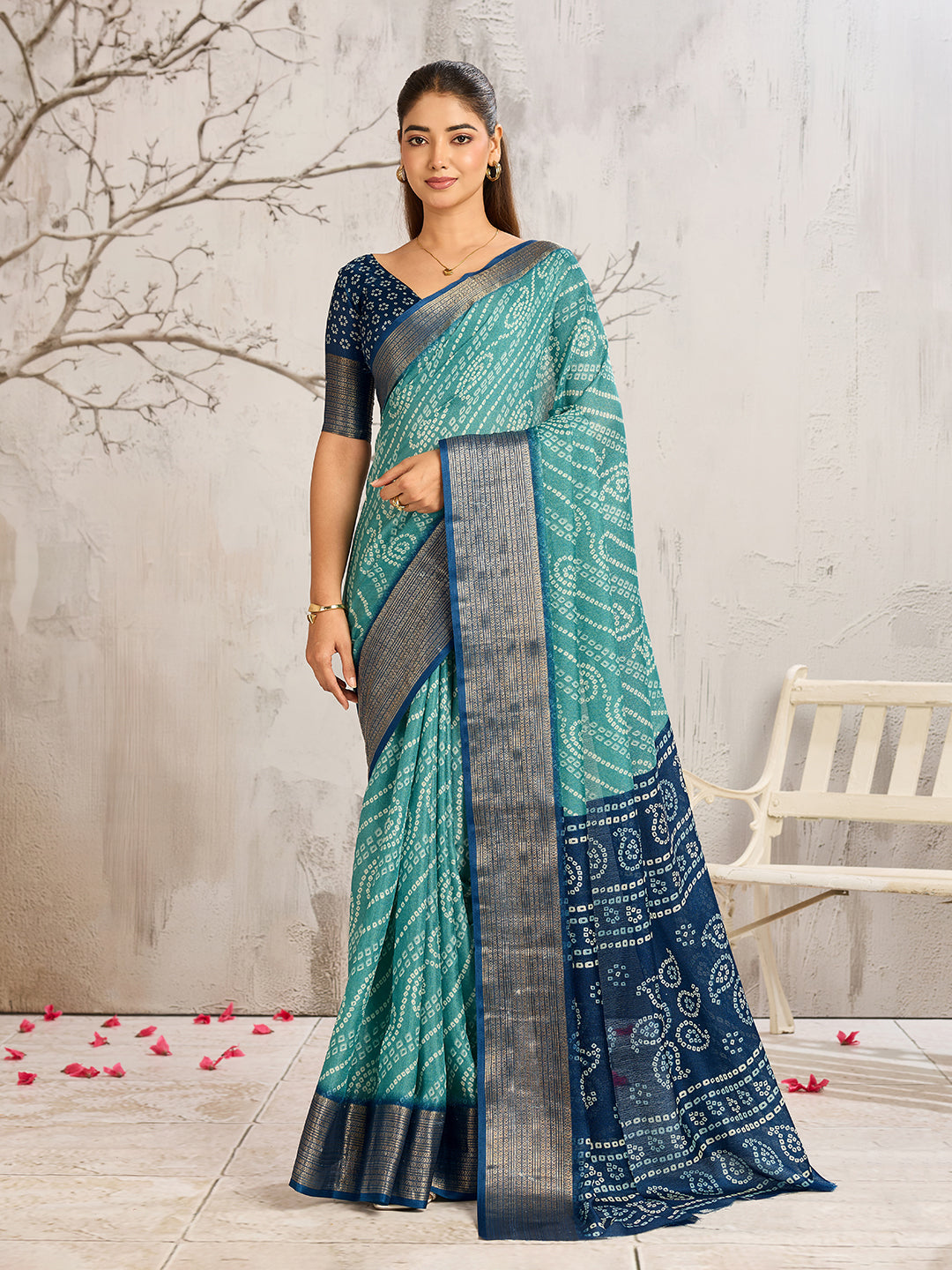 Dwija Fashion Rama Print Chiffon Bandani Festive Saree With Blouse