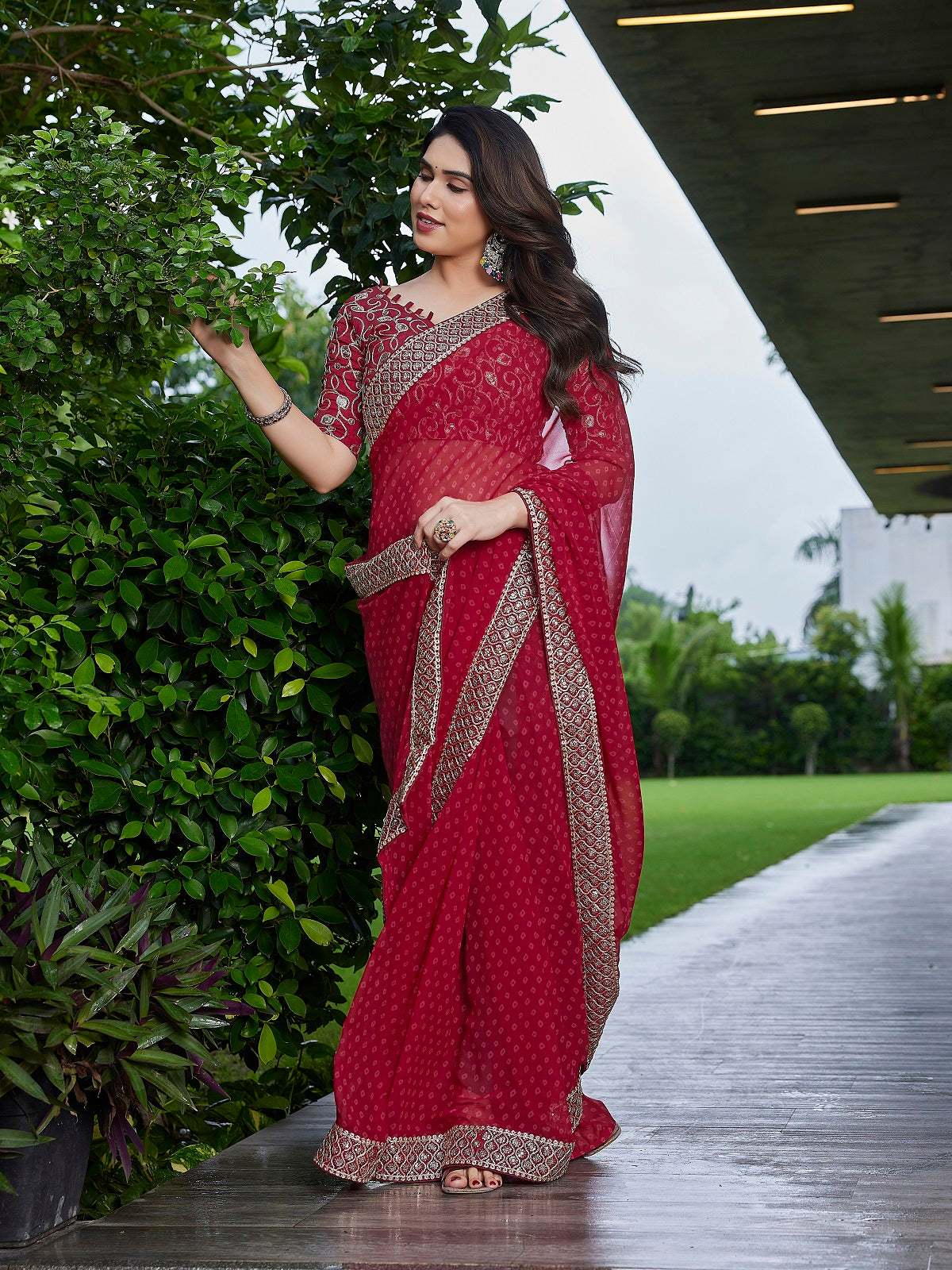 Dwija Fashion Dark Maroon Party Wear Embroidered Georgette Saree With Unstitched Blouse - Dista
