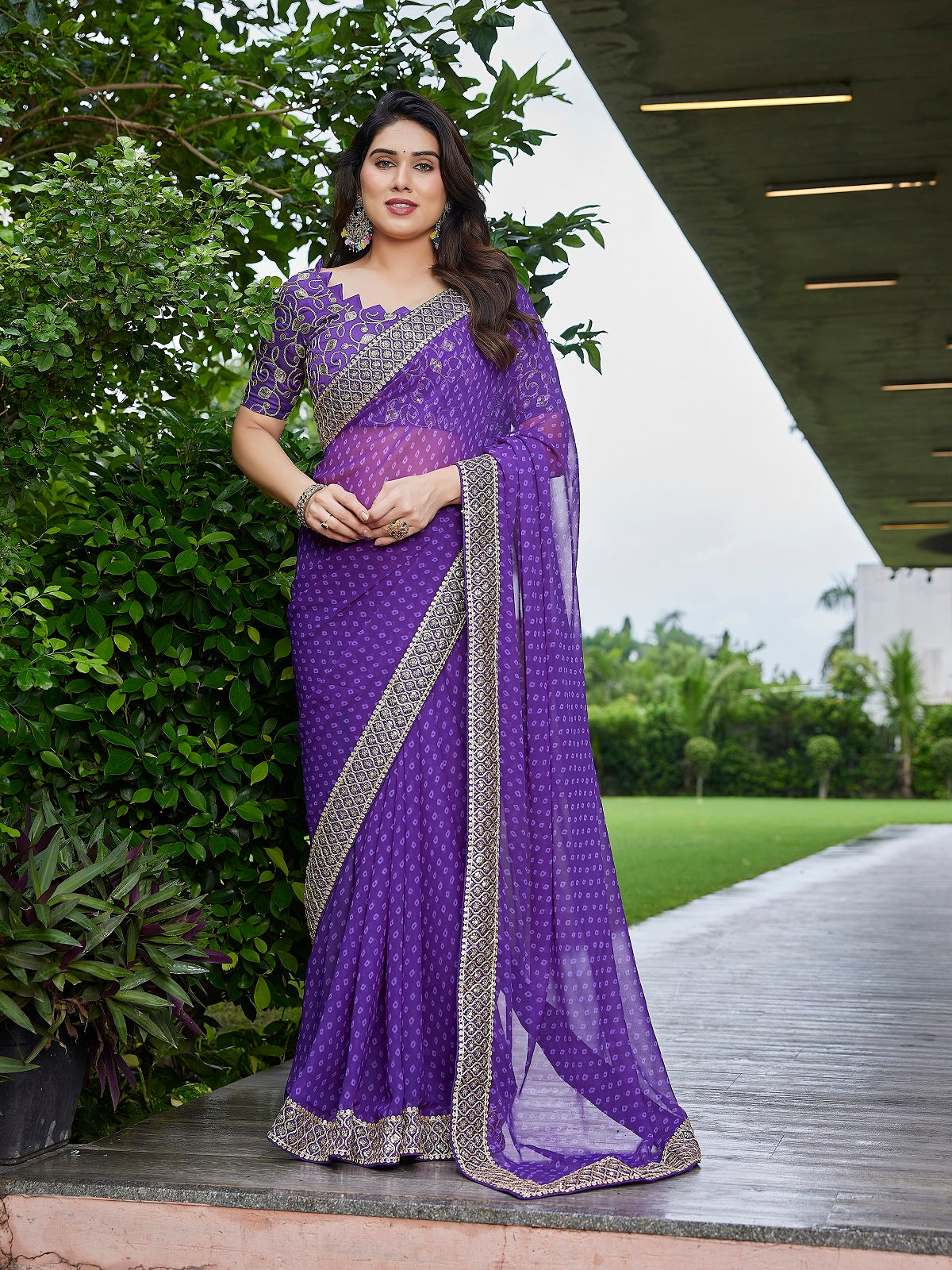 Dwija Fashion Purple Party Wear Embroidered Georgette Saree With Unstitched Blouse