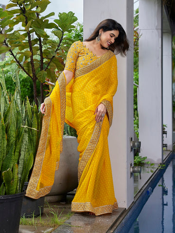 Dwija Fashion Yellow Party Wear Embroidered Georgette Saree With Unstitched Blouse - Dista
