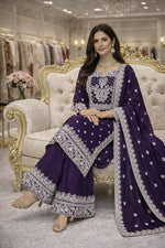 Thumbnail for Teeya Creation Purple Fendi Silk Designer Heavy Work Wedding Wear Palazzo - Distacart
