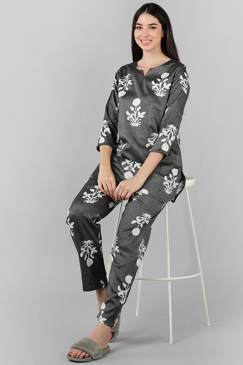 Ahika Grey Cotton Ethnic Motifs Night Suit - Distacart