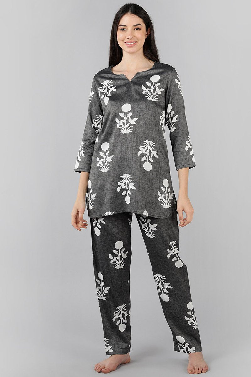 Ahika Grey Cotton Ethnic Motifs Night Suit - Distacart