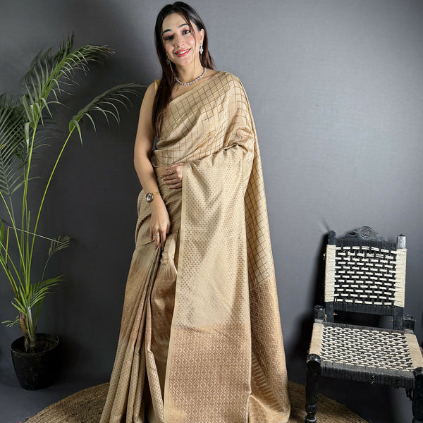 Joban Fashion Ivory Banarasi Soft Lichi Silk Checks & Woven Saree - Distacart