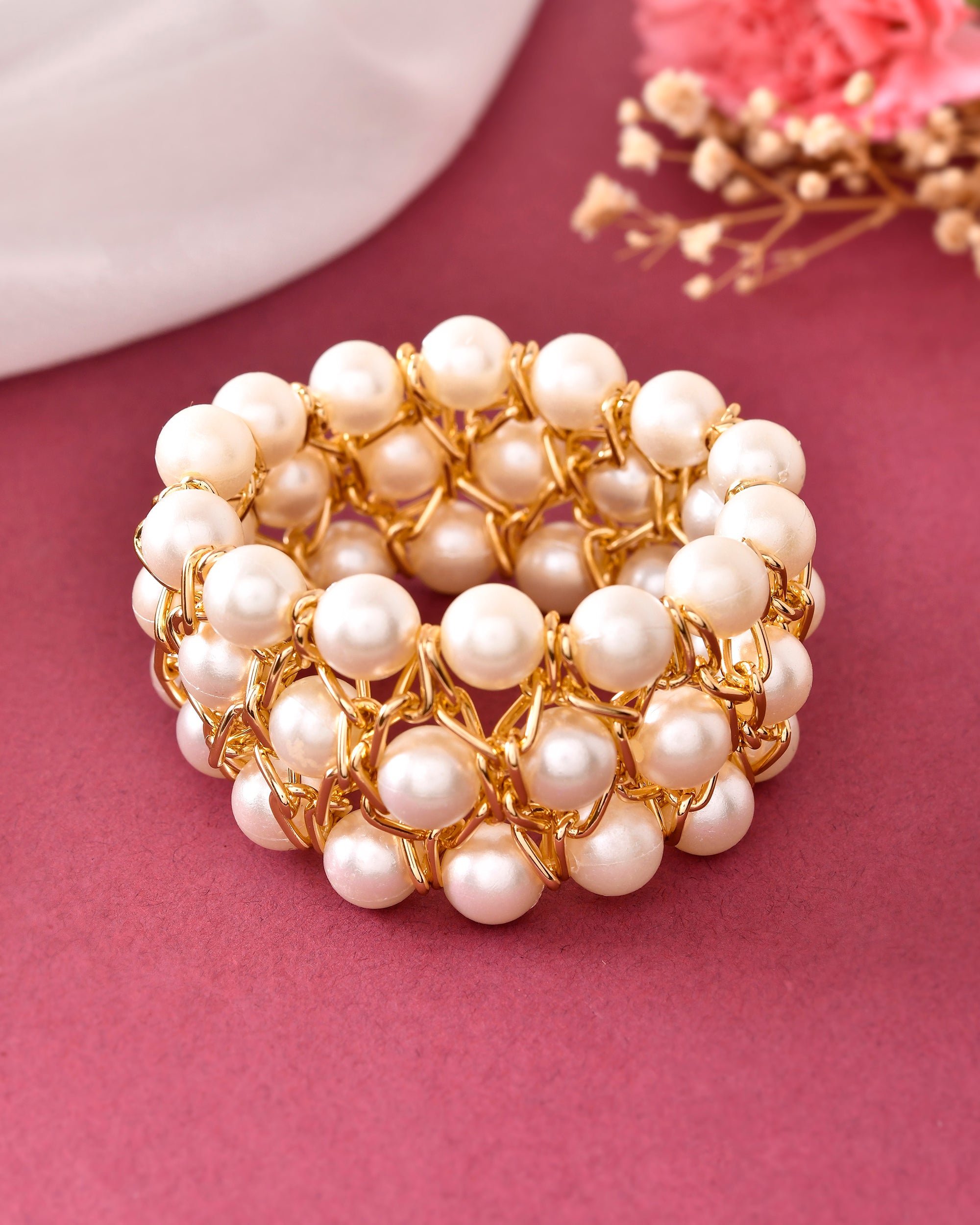 VOJ Women White and Gold Toned Perals Gold-Polished Multi Strand Bracelet - Distacart
