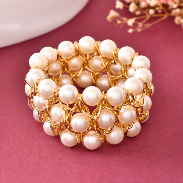 VOJ Women White and Gold Toned Perals Gold-Polished Multi Strand Bracelet - Distacart
