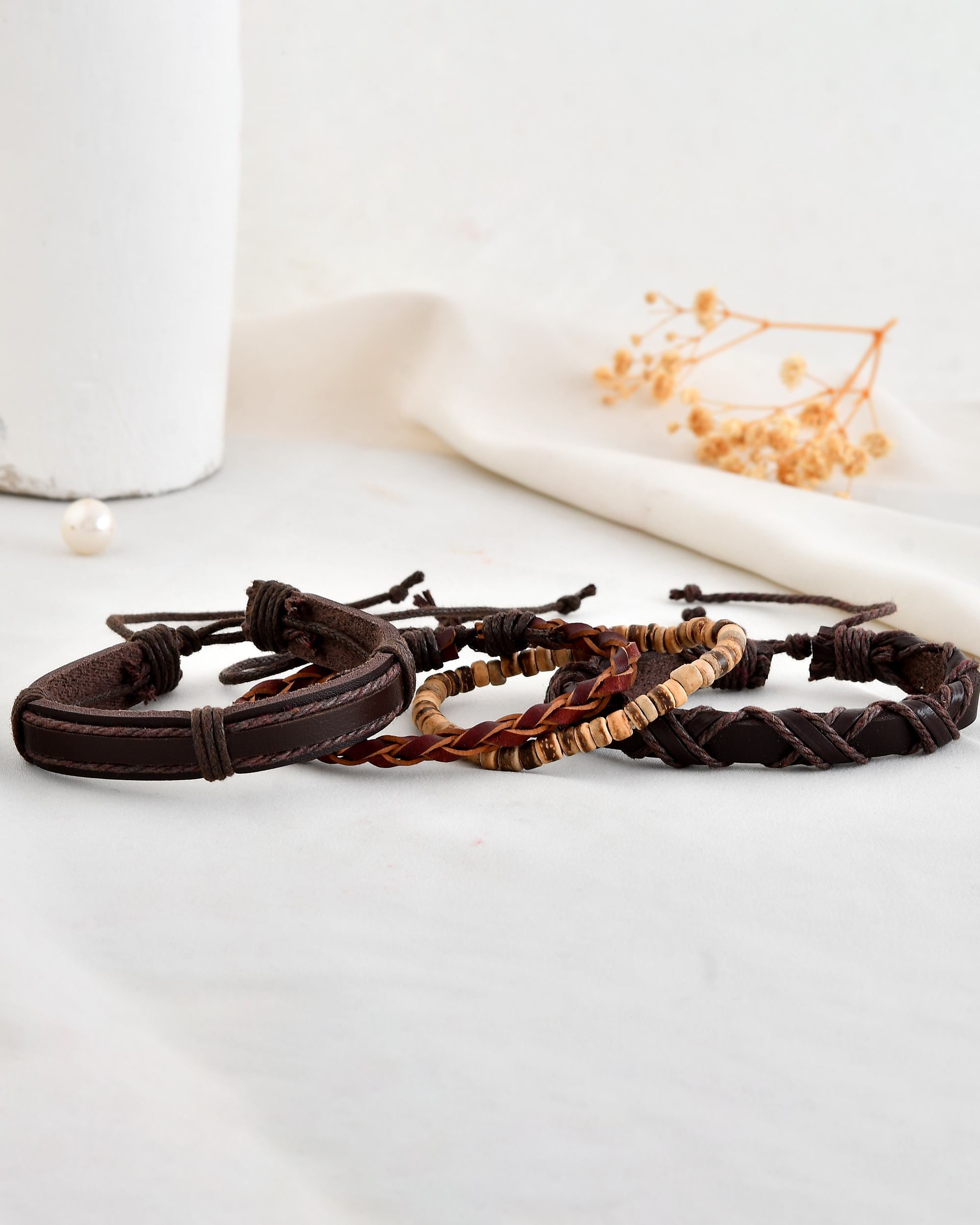 VOJ Men Set of 4 Brown Leather Wrap around Bracelet