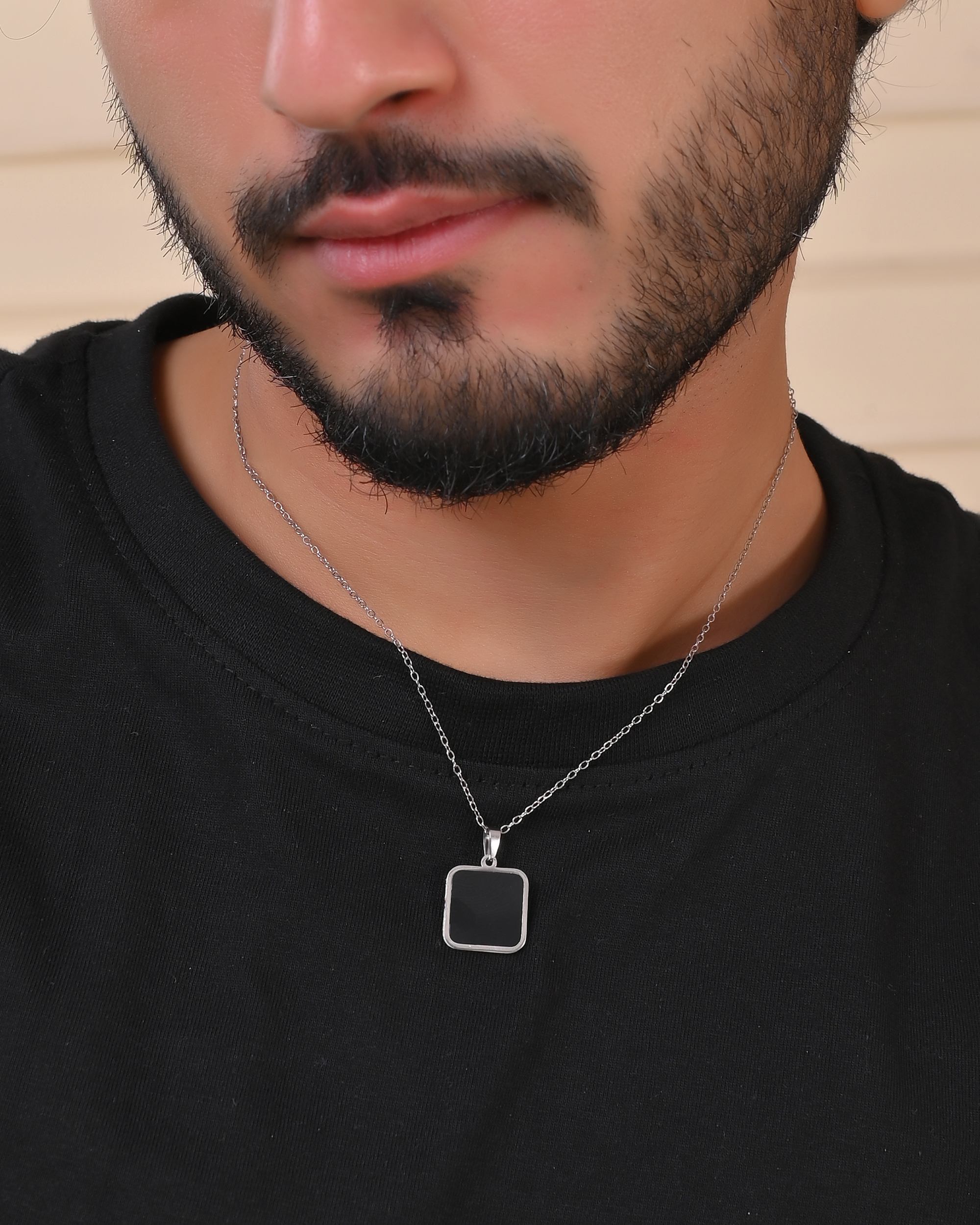 VOJ Men's Stainless Steel Silver Plated Chain With Square Shaped Pendant